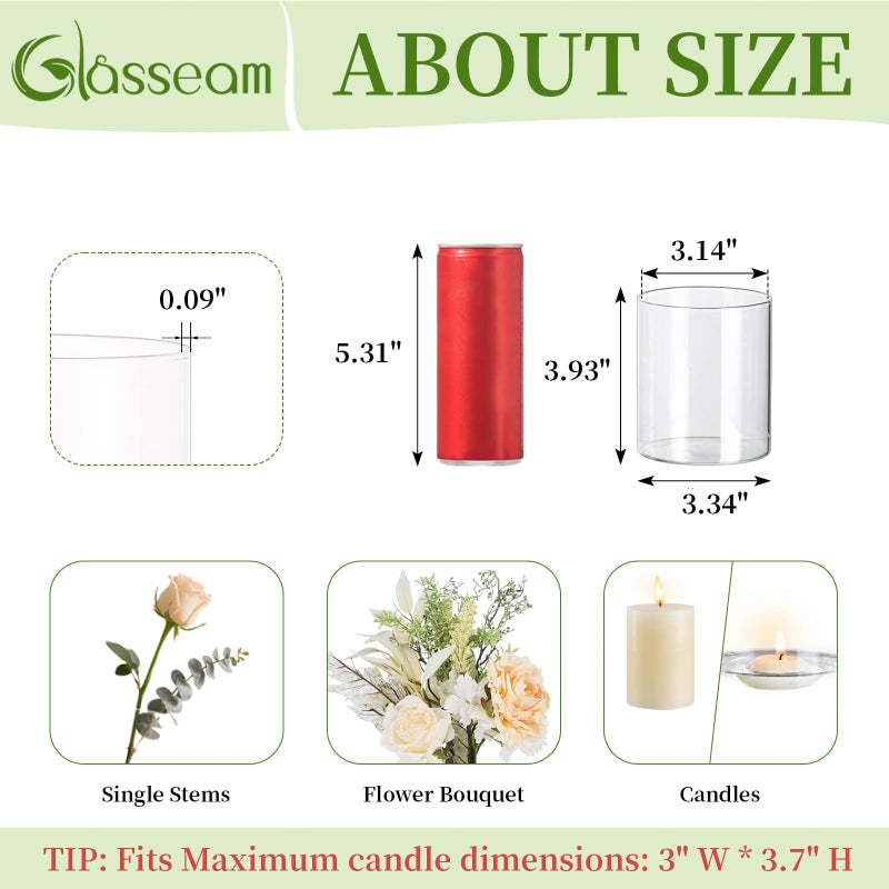 Glasseam Cylinder Vases for Centerpieces, Set of 6 Clear Glass Vases for Flowers, Modern Small Floating Candle Vase Decor, Decorative Hurricane Candle Holders for Home Wedding Table Decorations, 4in - Image 2