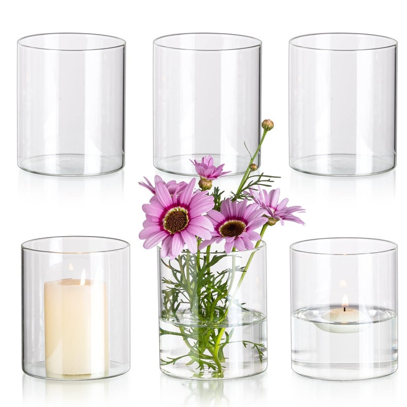 Glasseam Cylinder Vases for Centerpieces, Set of 6 Clear Glass Vases for Flowers, Modern Small Floating Candle Vase Decor, Decorative Hurricane Candle Holders for Home Wedding Table Decorations, 4in - Image 1