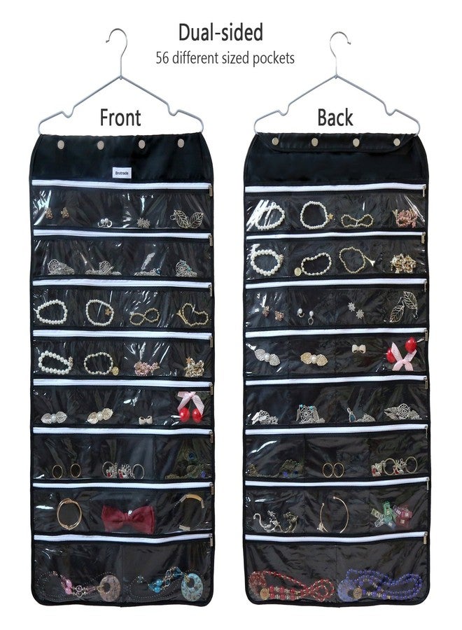 BB Brotrade Hanging Jewelry Organizer with Oxford Dual Side 56 Zippered Storage Pocket（Black） - Image 2