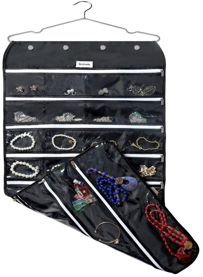 BB Brotrade Hanging Jewelry Organizer with Oxford Dual Side 56 Zippered Storage Pocket（Black） - Image 1