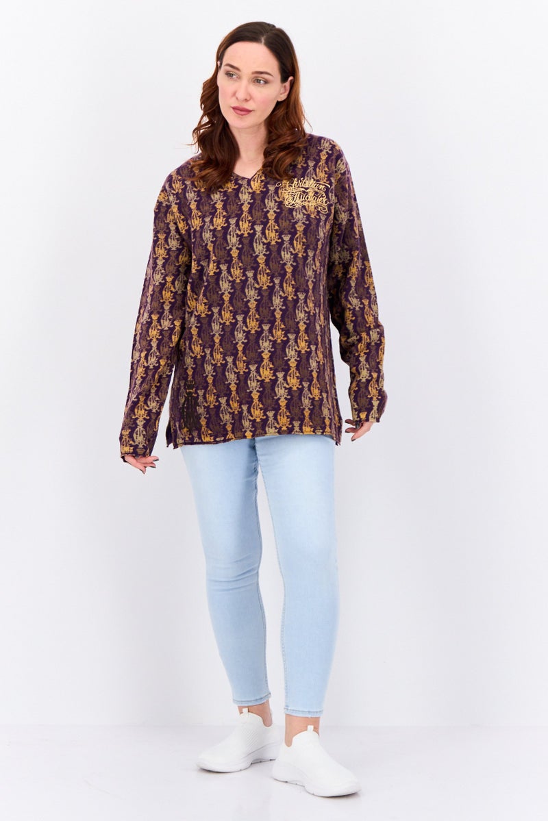 Ed Hardy سويت شيرت نسائي بياقة على شكل حرف V بتصميم مطبوع كامل، مجموعة بنفسجية - Image 4