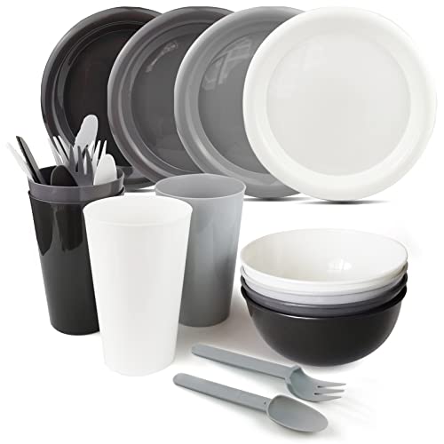 Layron 24Piece Plastic Plates and Bowls Sets Dinnerware Set Dishes Set for 4,College Dorm Room Essentials,Camping Plates and Bowls with Tumbler,Knives,Forks and Spoons,Mess Kit,Microwave Safe,BPA Free - Image 1