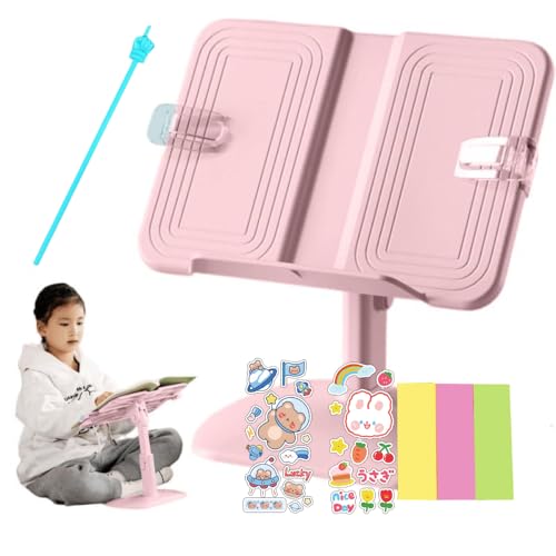 Jukusa Adjustable Book Holder for Kids & Adults | Ergonomic Reading Stand with Height & Angle Customization | Hands-Free Bookstand for Study, Reading & Office (Pink)(with Sticky Notes) - Image 1