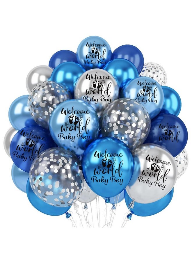 هونج كونج بالونز - مجموعة ديكورات حفلات استقبال المولود الجديد من HK Balloons، 35 قطعة، بالونات زرقاء فضية مطبوعة بعبارة "مرحبًا بكلمة Baby Boy"، مع قصاصات فضية، وديكورات خلفية لحفلات استقبال المولود الجديد. - Image 1
