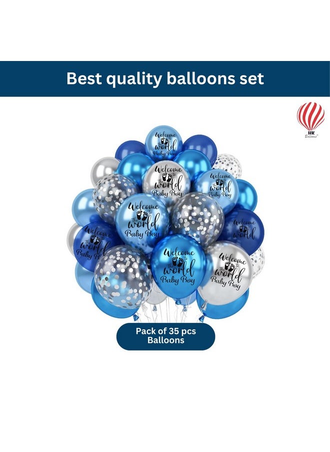 هونج كونج بالونز - مجموعة ديكورات حفلات استقبال المولود الجديد من HK Balloons، 35 قطعة، بالونات زرقاء فضية مطبوعة بعبارة "مرحبًا بكلمة Baby Boy"، مع قصاصات فضية، وديكورات خلفية لحفلات استقبال المولود الجديد. - Image 1