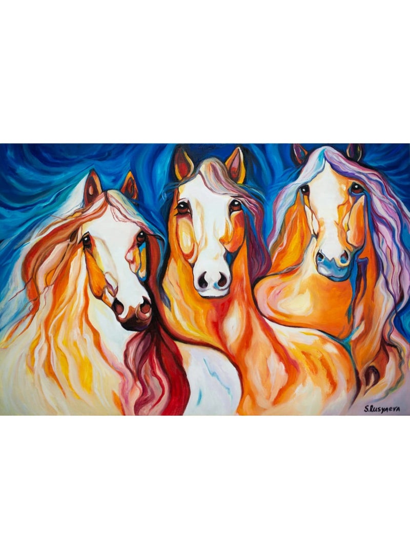 لوحة زيتية للخيول، فن جداري أزرق وبرتقالي حيوي، ديكور فروسية (120 × 80 سم) - Image 3