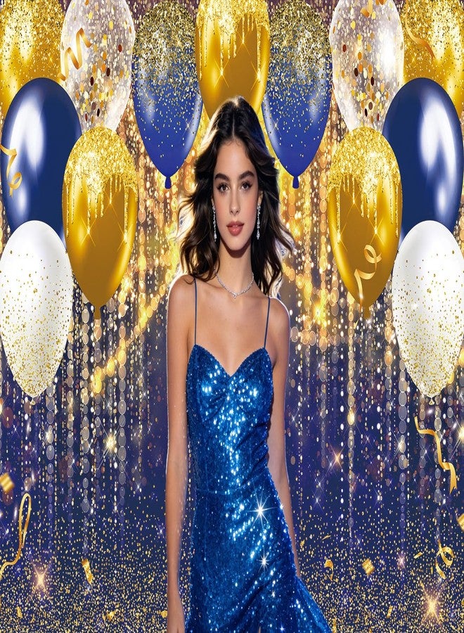 INRUI Blue and Gold Balloon Photography Backdrop Blue Gold GlitterTheme Birthday Wedding Bridal Prom Graduation New Year Balloons Party Decorations Banner (6x4FT) - Image 2