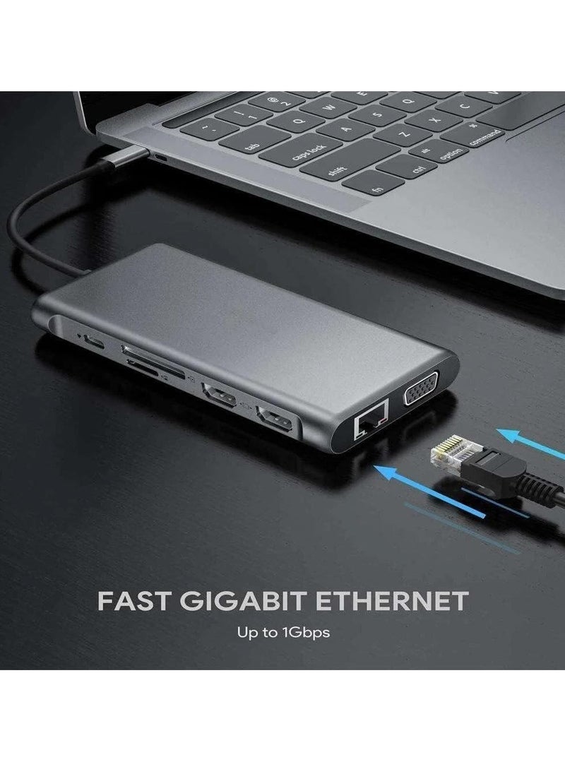 Generic - USB C Docking Station 12 in 1 USB C Hub with Dual 4K@60Hz HDMI, VGA, Ethernet RJ45, 2 x USB 3.0, 2 x USB 2.0, 100W PD and TF/SD card reader, 3.5mm AUX for MacBook Pro/Air and more Type C device - Image 1