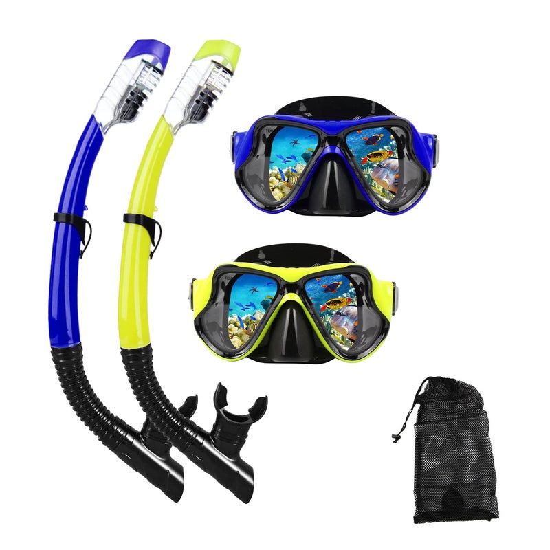 DIPUKI Snorkeling Gear for Adults Snorkel mask Set Scuba Diving mask Dry Snorkel Swimming Glasses Swim Dive mask Nose Cover Youth Diving BlueYellow2 Pack