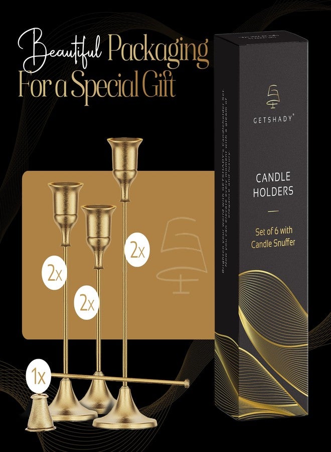 GETSHADY Gold Candleholders for Taper Candlesticks Plus Candle Snuffer - Dining Table Décor Centrepiece - Brass Candelabra Candlestick Holder - Gold Décor for Home Weddings Celebrations Events (Set of 6 Pcs) - Image 4