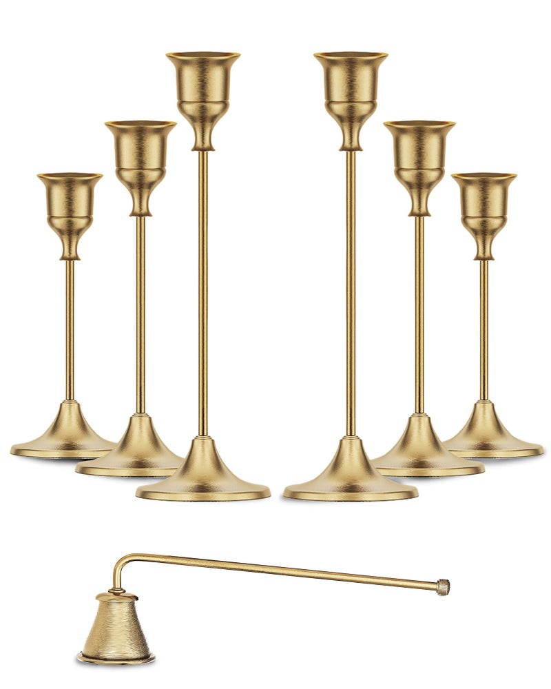 GETSHADY Gold Candleholders for Taper Candlesticks Plus Candle Snuffer - Dining Table Décor Centrepiece - Brass Candelabra Candlestick Holder - Gold Décor for Home Weddings Celebrations Events (Set of 6 Pcs) - Image 1