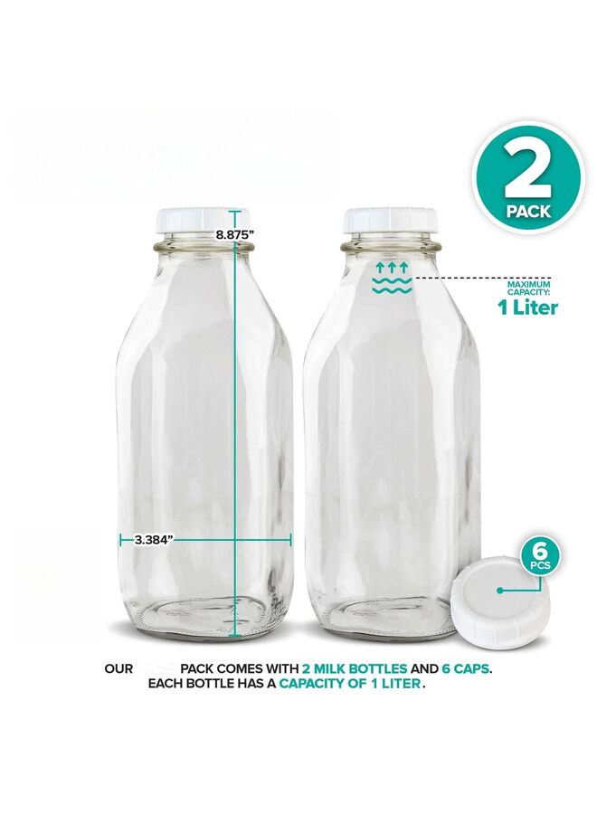 Liter Glass Milk Bottles - 32-Oz, 1 Liter Capacity - Food Grade Glass - Dishwasher Safe - Bottles for Milk, Buttermilk, Honey, Maple Syrup, Jam, BBQ Sauce - Image 2