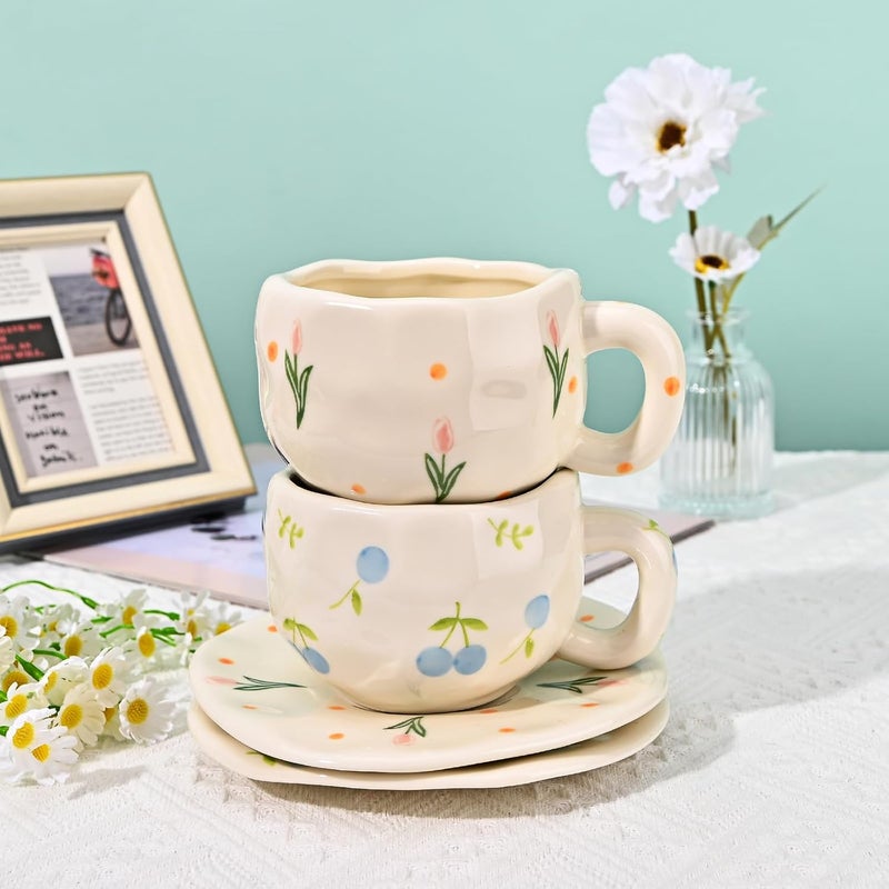 Koythin Ceramic Coffee Mug with Saucer Set, Cute Pink Tulip Flower Cup Unique Irregular Design for Office and Home, 10 oz/300 ml for Latte Tea Milk - Image 5