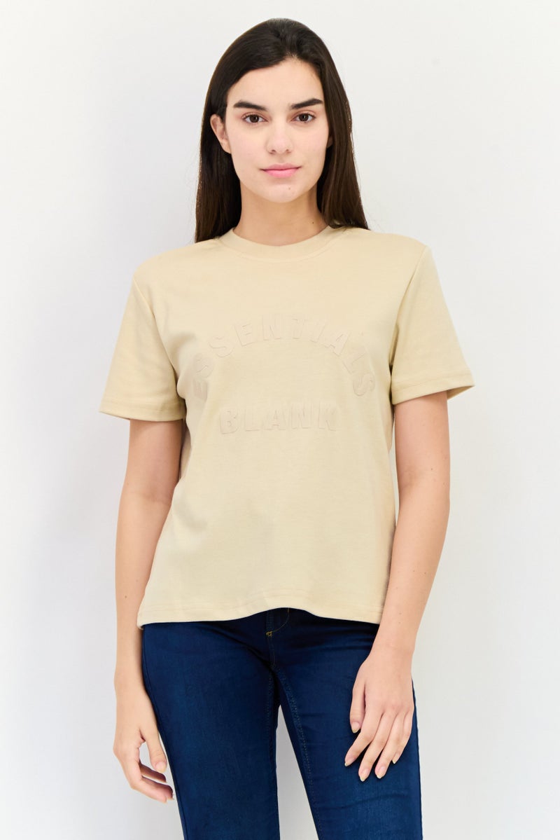 Blank Essentials تي شيرت نسائي بياقة دائرية وأكمام قصيرة بشعار العلامة التجارية، بيج - Image 1