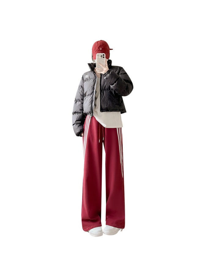 Striped Fleece-lined Sweatpants Women's Autumn And Winter New High Waist Slimming Wide Leg Pants Casual Loose Straight Pants - Image 5