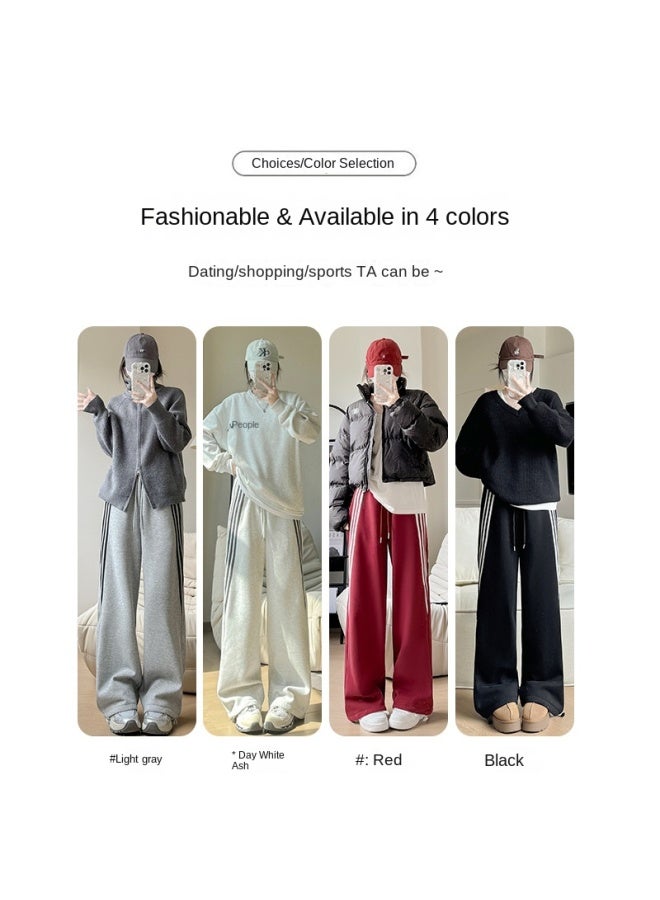 Striped Fleece-lined Sweatpants Women's Autumn And Winter New High Waist Slimming Wide Leg Pants Casual Loose Straight Pants - Image 2