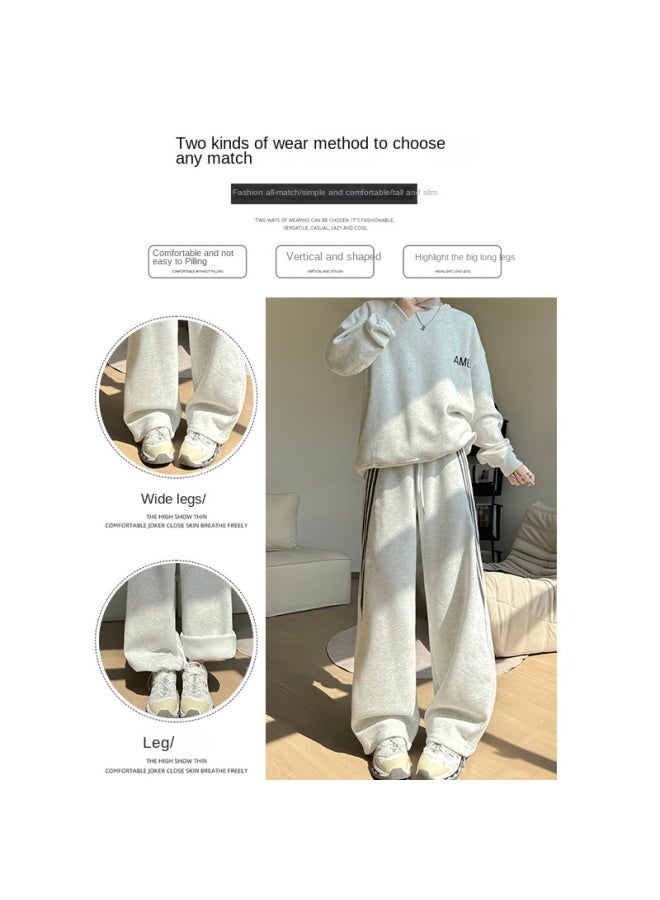 Striped Fleece-lined Sweatpants Women's Autumn And Winter New High Waist Slimming Wide Leg Pants Casual Loose Straight Pants - Image 4