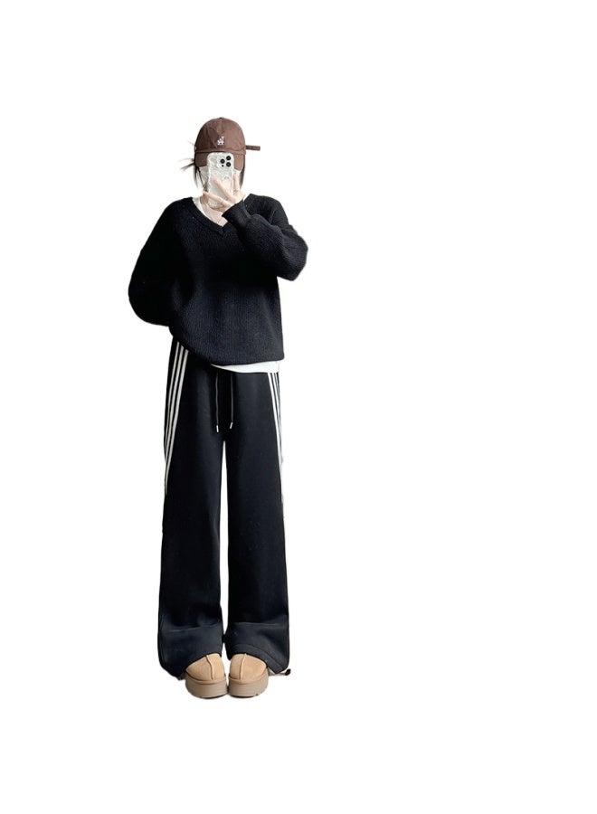 Striped Fleece-lined Sweatpants Women's Autumn And Winter New High Waist Slimming Wide Leg Pants Casual Loose Straight Pants - Image 1