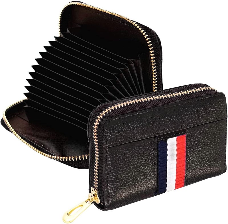 HIGH TRUSTED® Smart 12 Card Slots Leather Credit Card Holder, Small Zipper Card Case Wallet for Women & Men (Black) - Image 1