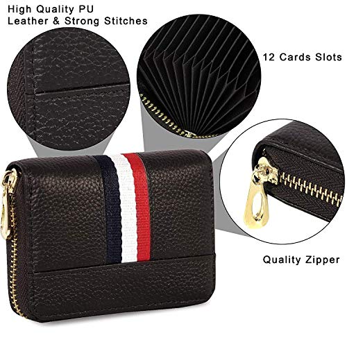 HIGH TRUSTED® Smart 12 Card Slots Leather Credit Card Holder, Small Zipper Card Case Wallet for Women & Men (Black) - Image 4