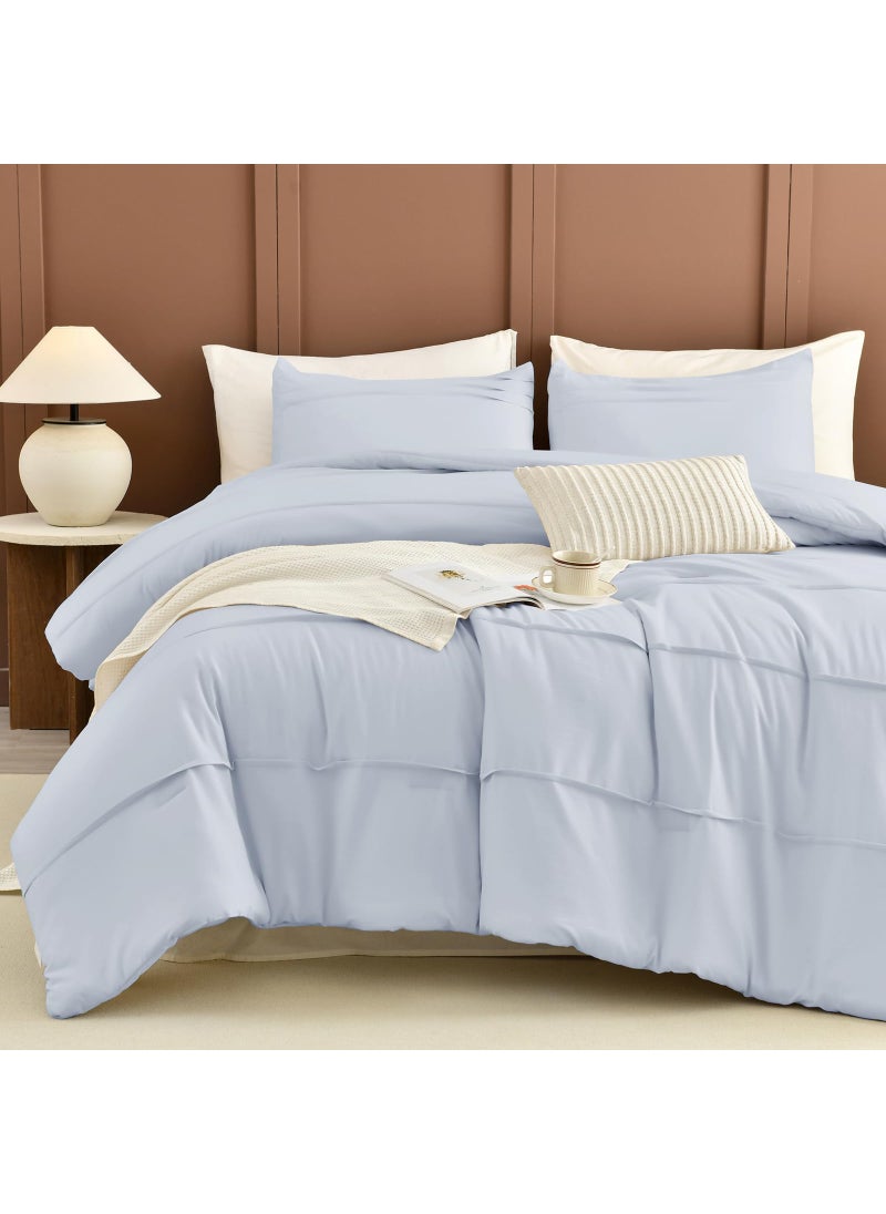 CozyTide CozyTide 100% Cotton King Comforter Set(106""x95"") Light Blue Pinch Pleated California King Size Bedding Set 3 Pieces Lightweight Fluffy Bedding Comforter Set Ultra Soft  - Image 1