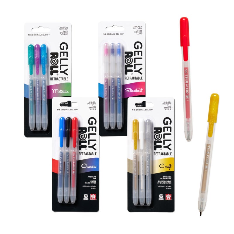 SAKURA Gelly Roll Retractable Gel Pens Colored - Classic, Craft, Stardust & Metallic - For Journaling, Art, or Drawing - Medium Point - With Assorted Colored Ink - 12 Pens - Image 1