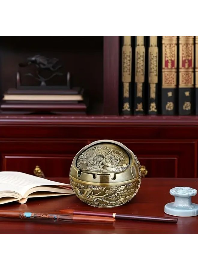 Brown Zinc Alloy Golden Dragon Spherical Ashtray Oriental Metal Smoking Gift - Image 3