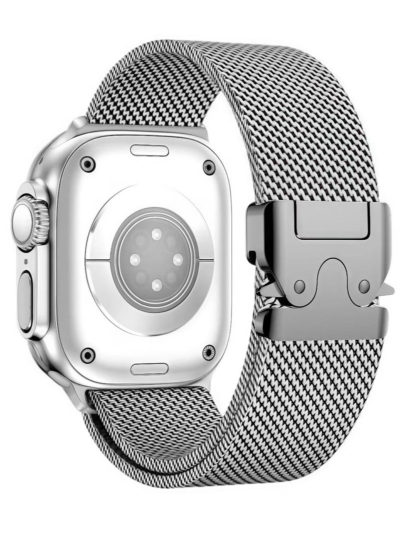 FLYHSO for Apple Watch Metal Bands Series 10 46mm,Ultra 2 49mm, Stainless Steel Mesh Loop with Parachute-style Metal Buckle for Apple Watch Series 7 8 9 45mm Series 6 5 4 44mm, Silver - Image 1
