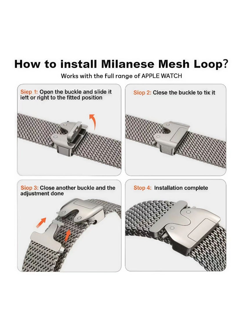 FLYHSO for Apple Watch Metal Bands Series 10 46mm,Ultra 2 49mm, Stainless Steel Mesh Loop with Parachute-style Metal Buckle for Apple Watch Series 7 8 9 45mm Series 6 5 4 44mm, Silver - Image 4