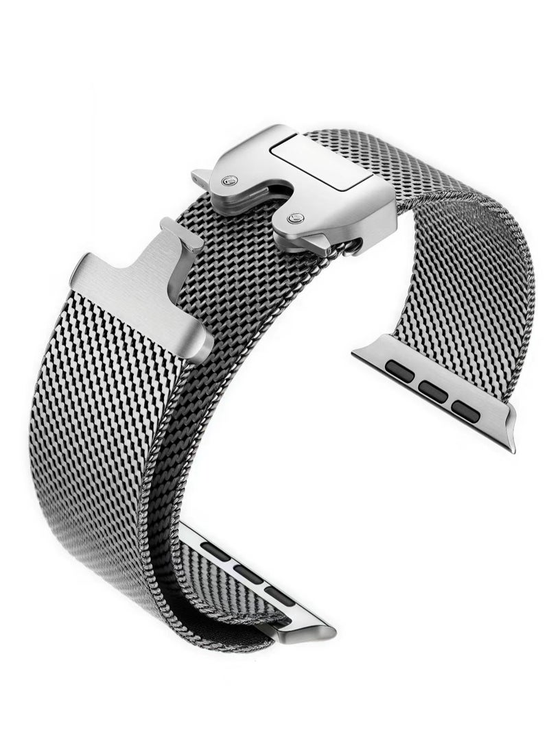 FLYHSO for Apple Watch Metal Bands Series 10 46mm,Ultra 2 49mm, Stainless Steel Mesh Loop with Parachute-style Metal Buckle for Apple Watch Series 7 8 9 45mm Series 6 5 4 44mm, Silver - Image 5
