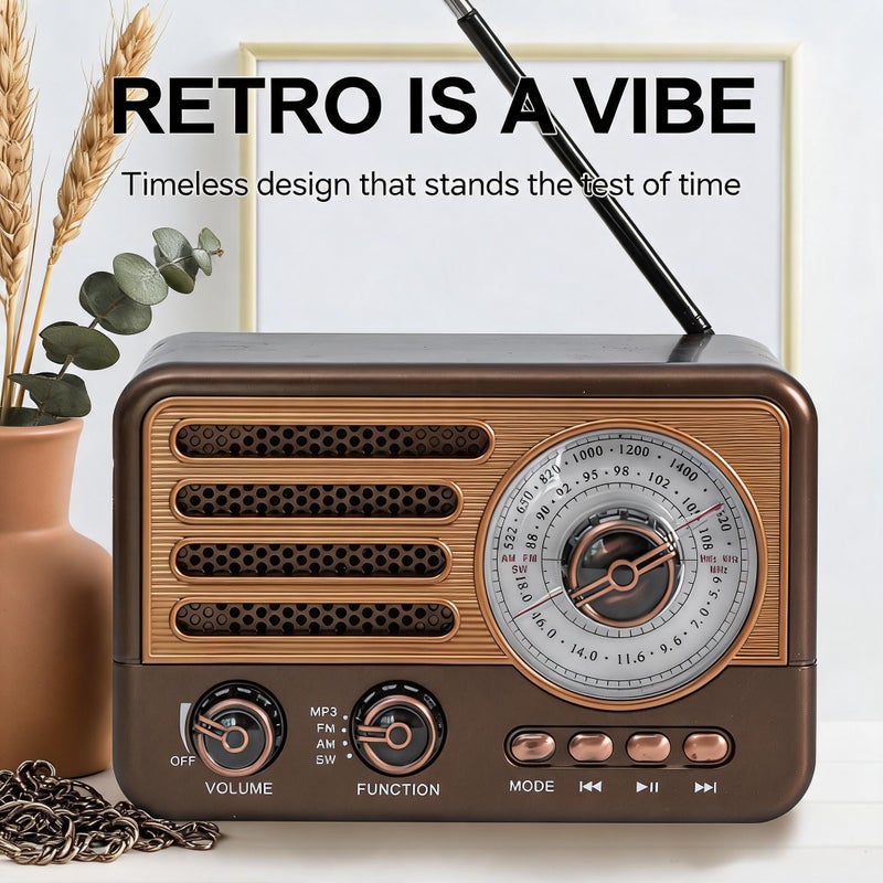 Multi-band bluetooth radio, portable lighting retro nostalgic card stereo mp3 brown - Image 5