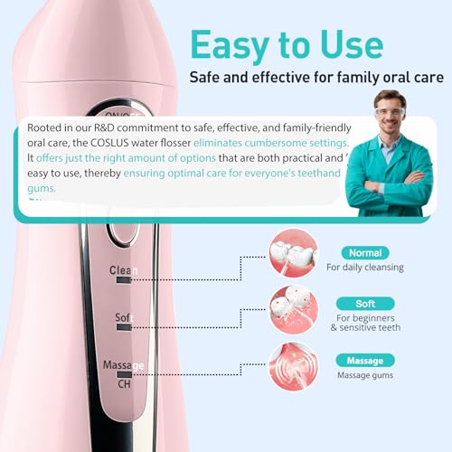 COSLUS Water Dental Flosser Teeth Pick: Portable Cordless Oral Irrigator 300ML Rechargeable Travel Irrigation Cleaner IPX7 Waterproof Electric Flossing Machine for Teeth Cleaning C20(F5020E) Pink - Image 5