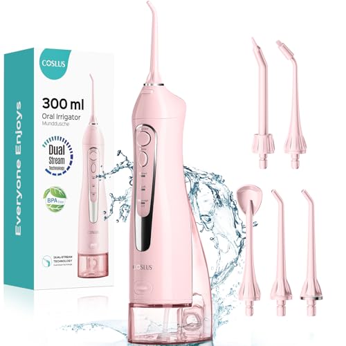COSLUS Water Dental Flosser Teeth Pick: Portable Cordless Oral Irrigator 300ML Rechargeable Travel Irrigation Cleaner IPX7 Waterproof Electric Flossing Machine for Teeth Cleaning C20(F5020E) Pink - Image 1