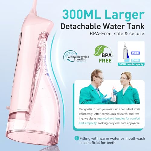 COSLUS Water Dental Flosser Teeth Pick: Portable Cordless Oral Irrigator 300ML Rechargeable Travel Irrigation Cleaner IPX7 Waterproof Electric Flossing Machine for Teeth Cleaning C20(F5020E) Pink - Image 3