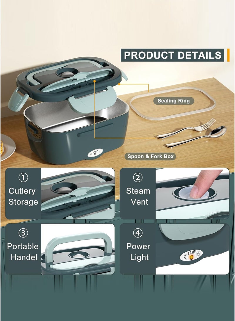 علبة غداء كهربائية لتسخين الطعام – حافظة طعام محمولة مانعة للتسرب لتسخين الوجبات للبالغين، مناسبة للسيارة/المنزل/الشاحنة، مع حاوية قابلة للإزالة من الفولاذ المقاوم للصدأ بسعة 1.5 لتر - Image 3