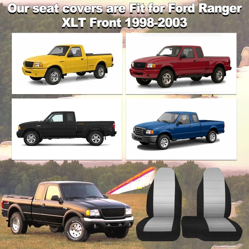 runfider 2Pcs 60/40 Cloth High Back Bench Seat Cover Fit for Ford Ranger XLT Front 1998 1999 2000 2001 2002 2003 Without Console Cover Gray - Image 3