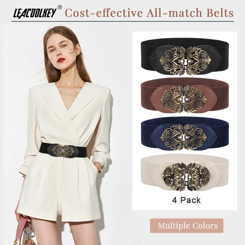 LEACOOLKEY 4 Pack Women Vintage Wide Waist Belt for Dress, Elastic Cinch Belt with Retro Interlocking Brass Buckle - Image 2