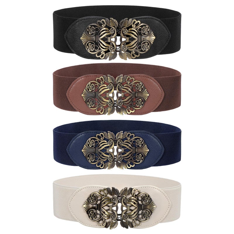 LEACOOLKEY 4 Pack Women Vintage Wide Waist Belt for Dress, Elastic Cinch Belt with Retro Interlocking Brass Buckle - Image 1