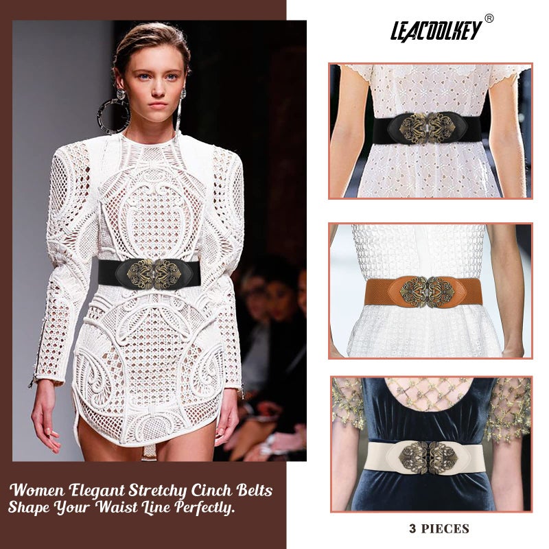 LEACOOLKEY 4 Pack Women Vintage Wide Waist Belt for Dress, Elastic Cinch Belt with Retro Interlocking Brass Buckle - Image 5