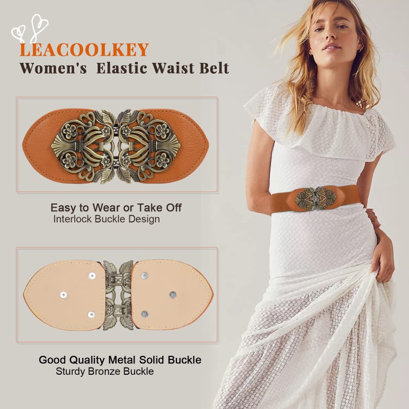 LEACOOLKEY 4 Pack Women Vintage Wide Waist Belt for Dress, Elastic Cinch Belt with Retro Interlocking Brass Buckle - Image 3
