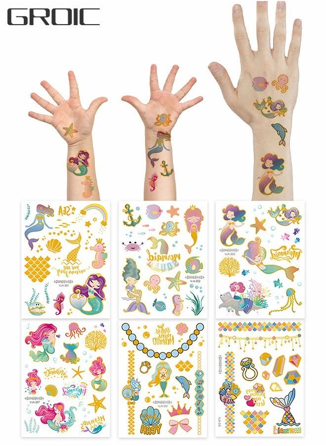 GROIC Mermaid Temporary Tattoos Glitter Styles, Waterproof Shine Metallic Mermaid Fake Tattoo Body Decoration DIY Crafts for Kids Girls 6 Sheets Birthday Party Favor Supplies  - Image 1