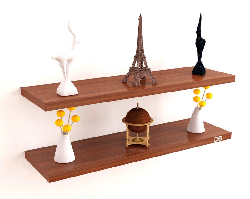 DAS Contemporary Style Wall Mounted Engineered Wood Wall Décor Shelf/Shelves Display Rack for Living Room Classic Walnut (Set of 2)- Walentyna - Image 2