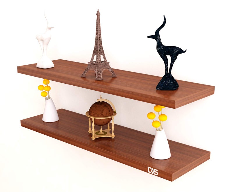 DAS Contemporary Style Wall Mounted Engineered Wood Wall Décor Shelf/Shelves Display Rack for Living Room Classic Walnut (Set of 2)- Walentyna - Image 3