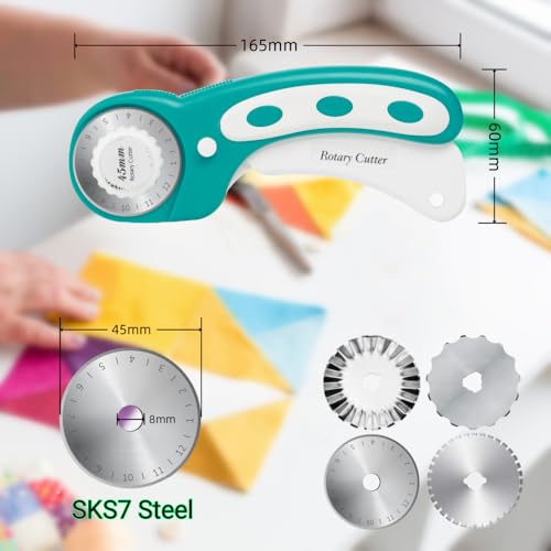 AMASEWART 45mm Rotary Cutter for Fabric with 8pcs Rotary Blades, Rolling Fabric Cutter Crochet Edge Skip Stitch Blade Perforating Rotary Blade, Pinking Rotary Cutter for Quilting Crafts Sewing - Image 4