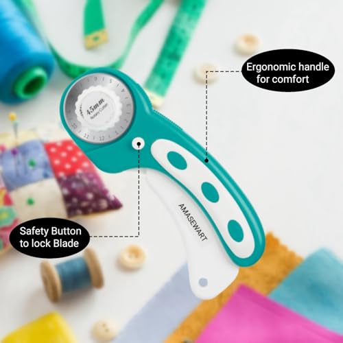 AMASEWART 45mm Rotary Cutter for Fabric with 8pcs Rotary Blades, Rolling Fabric Cutter Crochet Edge Skip Stitch Blade Perforating Rotary Blade, Pinking Rotary Cutter for Quilting Crafts Sewing - Image 2