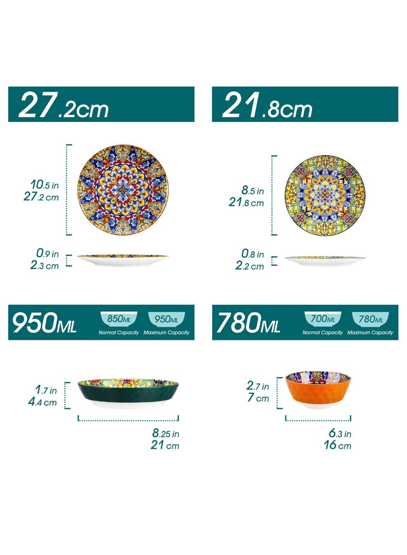 مجموعة أدوات طعام فخارية من 24 قطعة ل6 أشخاص مع 6 قطع أطباق العشاء، 6 قطع أطباق الحلوى، 6 قطع أطباق الحساء و6 قطع أوعية، الطراز البوهيمي - Image 2