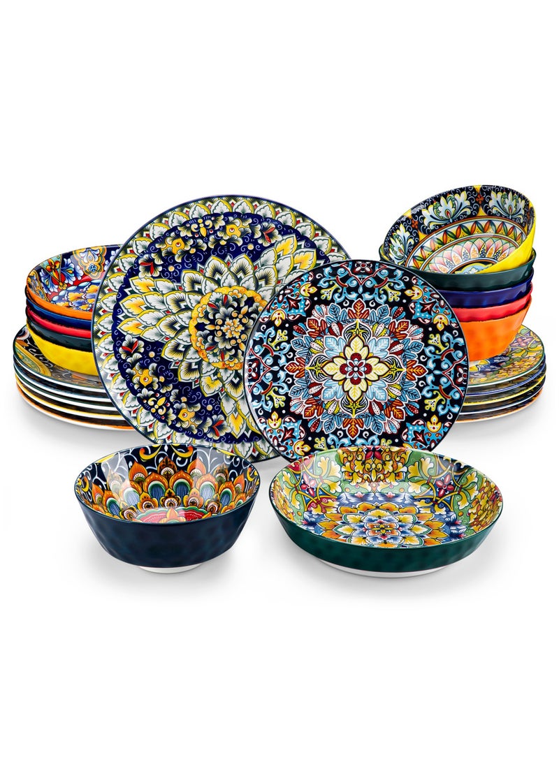 مجموعة أدوات طعام فخارية من 24 قطعة ل6 أشخاص مع 6 قطع أطباق العشاء، 6 قطع أطباق الحلوى، 6 قطع أطباق الحساء و6 قطع أوعية، الطراز البوهيمي - Image 1