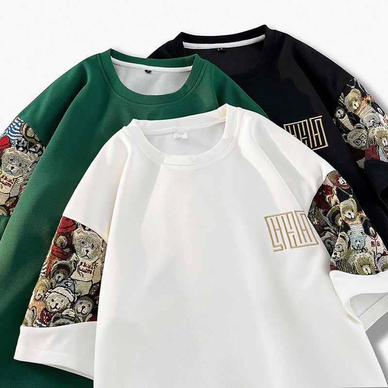 Summer Embroidered T-Shirt Men'S Short-Sleeved Stitching Round Neck Bear Loose Plus Size Trendy Teenager Fashion Short-Sleeved T-Shirt Men - Image 4