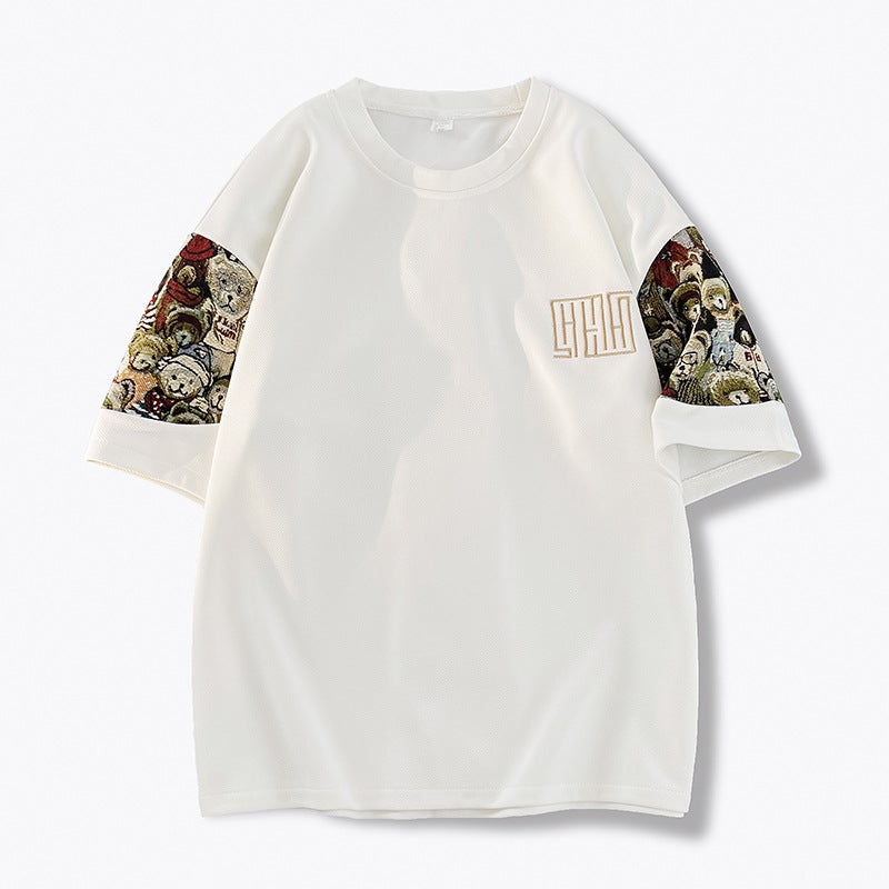 Summer Embroidered T-Shirt Men'S Short-Sleeved Stitching Round Neck Bear Loose Plus Size Trendy Teenager Fashion Short-Sleeved T-Shirt Men - Image 1