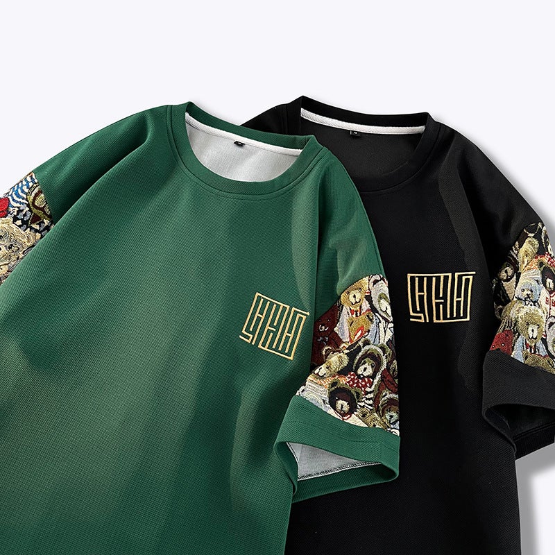 Summer Embroidered T-Shirt Men'S Short-Sleeved Stitching Round Neck Bear Loose Plus Size Trendy Teenager Fashion Short-Sleeved T-Shirt Men - Image 5